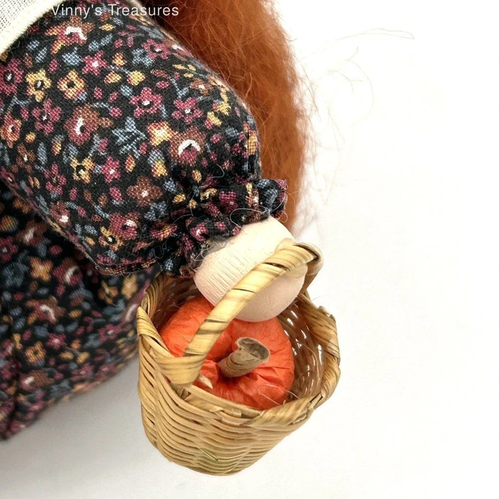 Folk Art Soft Body Doll Red Hair Floral Dress With Basket 5.5 Inch